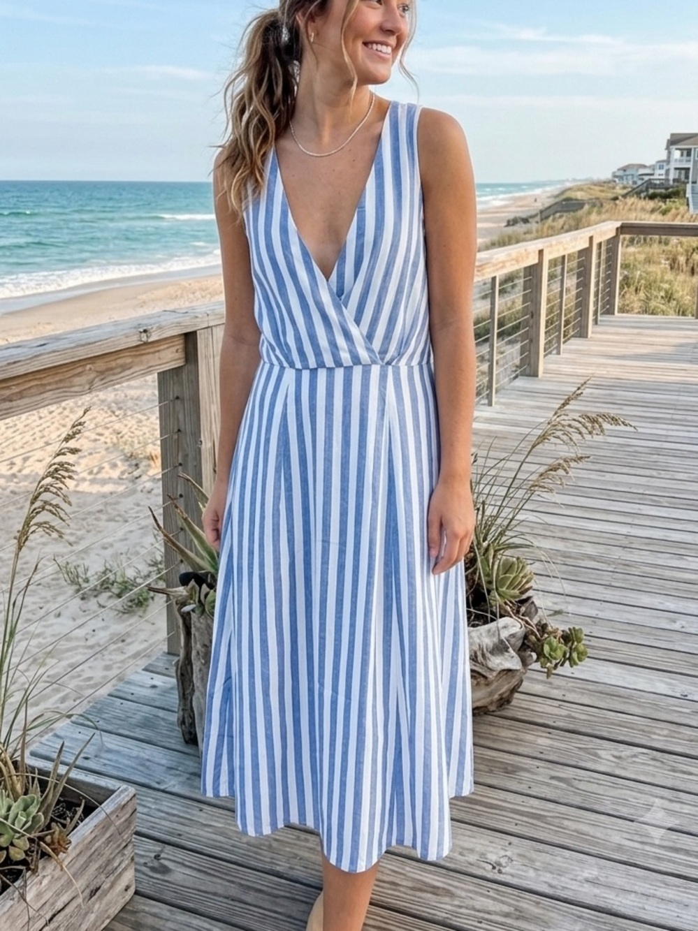 Lumiere | Nautical Striped Open-Back Midi Dress - Summer Essential Coastal Chic